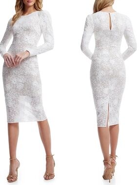 NEW DRESS THE POPULATION White/Nude SOPHIA Lace LONG-SLEEVE Bodycon MIDI DRESS S